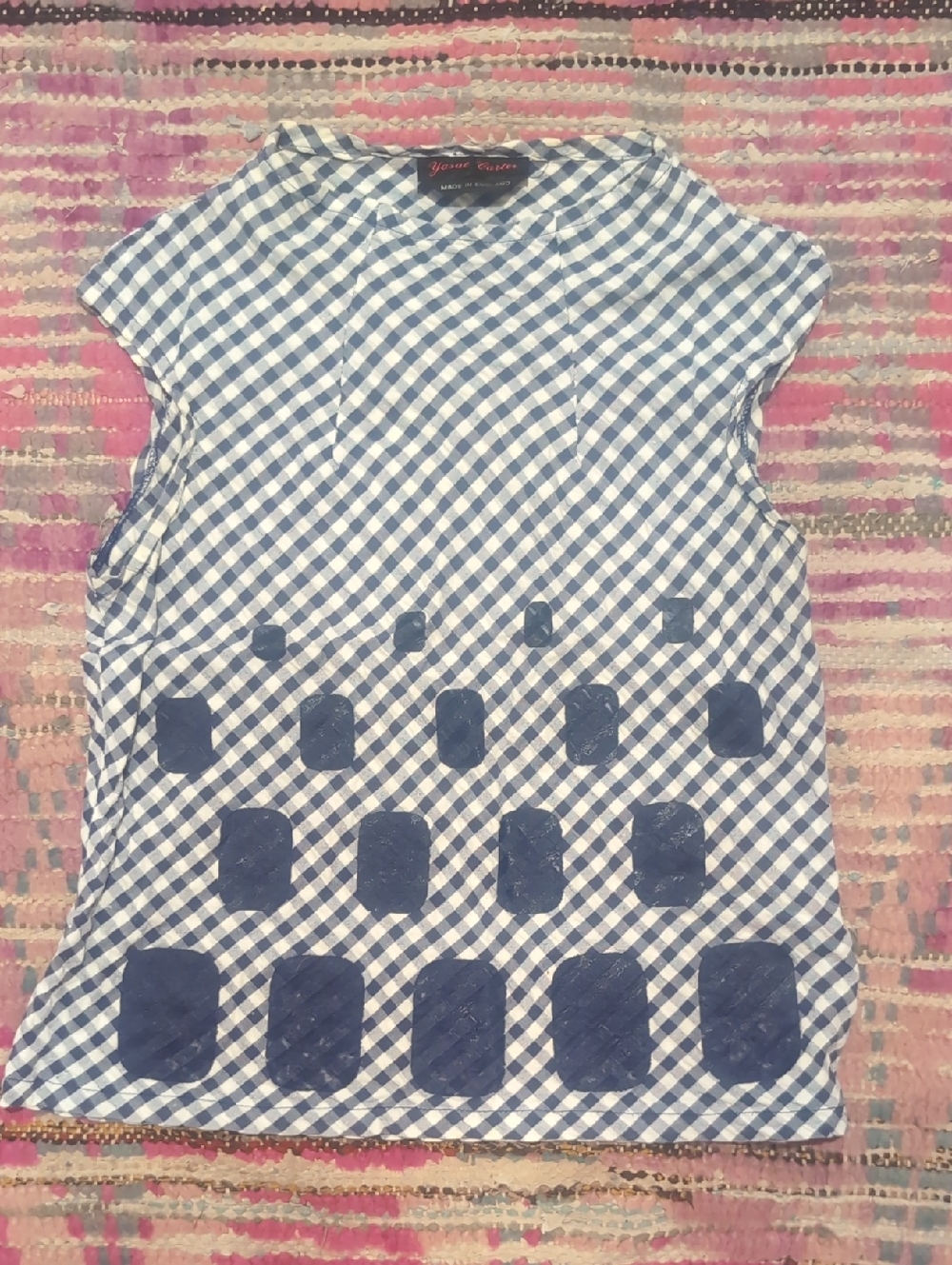 Blue Gingham Sleeveless Top with Printed Squares